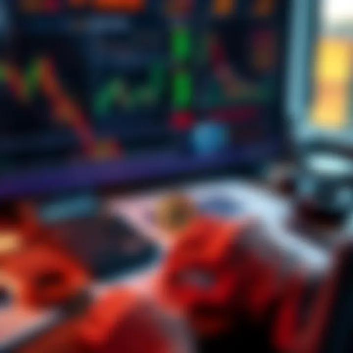 A person analyzing Bitcoin investment charts with a calculator on a desk