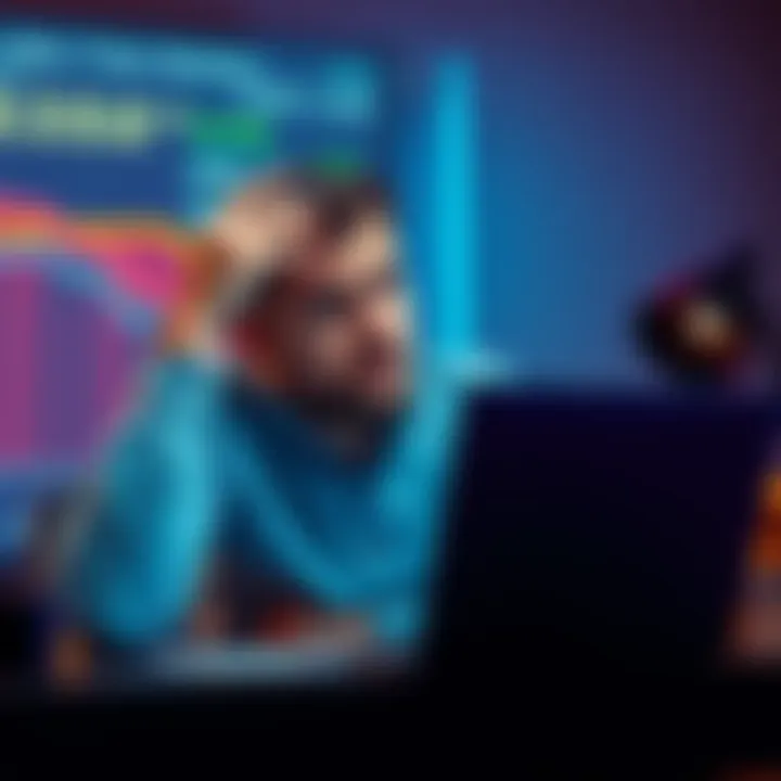 A worried investor looking at a declining Bitcoin chart on a laptop while holding their head in thought.