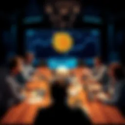 A group of people discussing Bitcoin investment strategies around a table with laptops and charts