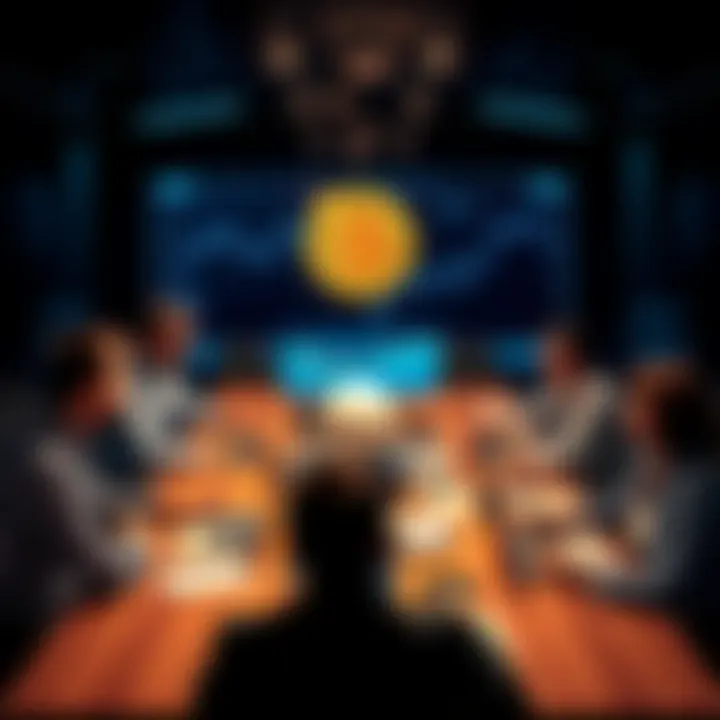 A group of people discussing Bitcoin investment strategies around a table with laptops and charts