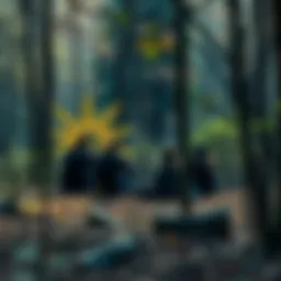 A group of BTC enthusiasts sitting together in a forest, sharing stories and strategies about cryptocurrency investments.