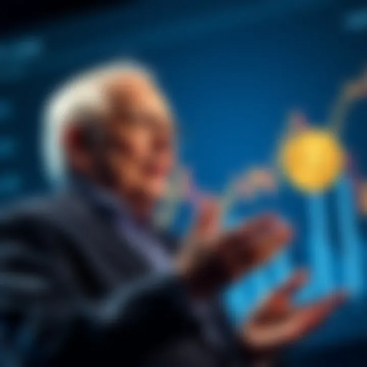 Warren Buffett giving a speech about Bitcoin prices and investment strategies, with a chart illustrating price changes in the background.