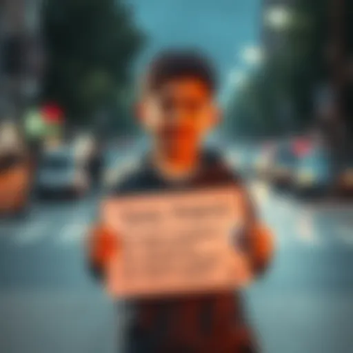 A 16-year-old boy from Bulgaria holds a sign asking for donations to support his dreams and future projects.