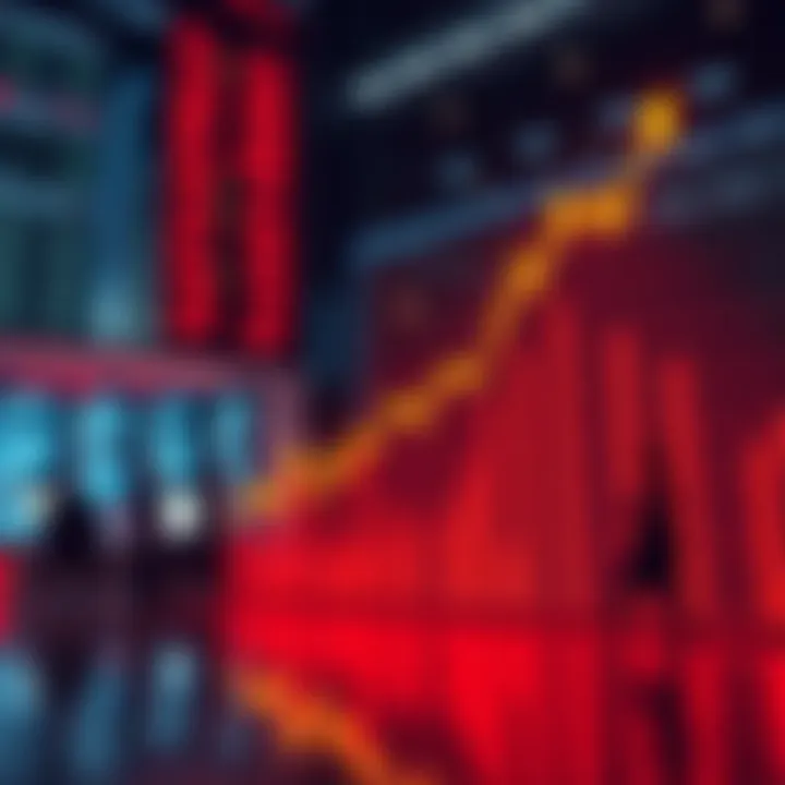 A bullish stock market graph showing an upward trend with people discussing financial decisions nearby.