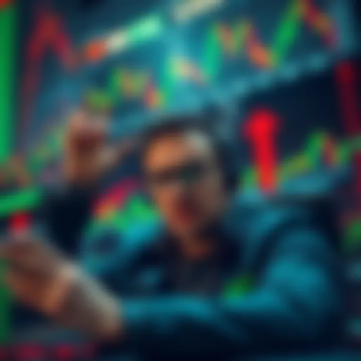 Bull Market Caution A worried investor examines stock market charts showing volatility, with red and green arrows indicating ups and downs, symbolizing market uncertainty.