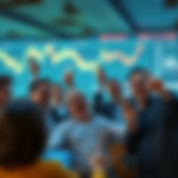 A group of excited investors looking at rising stock charts on their devices, symbolizing a potential bull run in the market.