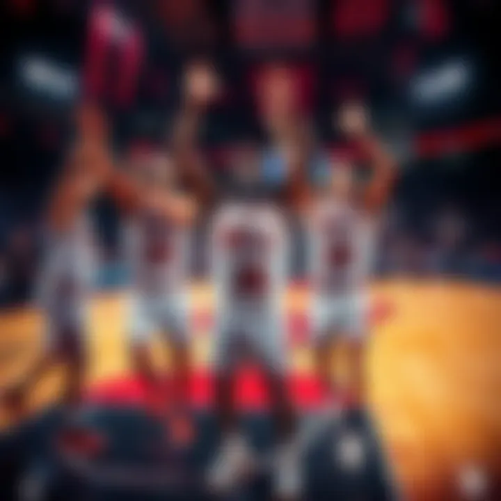 Bulls Players Celebrating on Court Chicago Bulls players celebrating after a successful play on the court, showing team spirit and excitement.