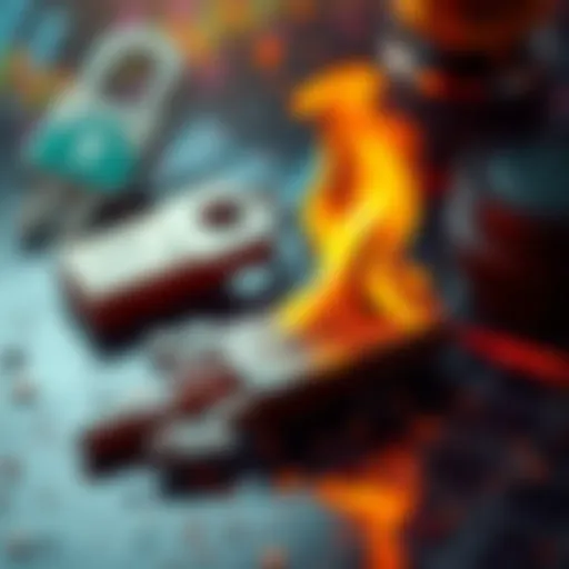 A representation of burning keys symbolizing the loss of control in decentralized finance, with a digital finance background.