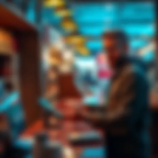 A business owner at a counter processing a Bitcoin payment with a smartphone, showing a digital wallet on the screen.