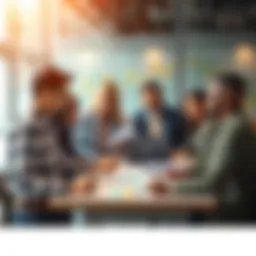 A group of diverse people discussing business strategies around a table with charts and graphs.