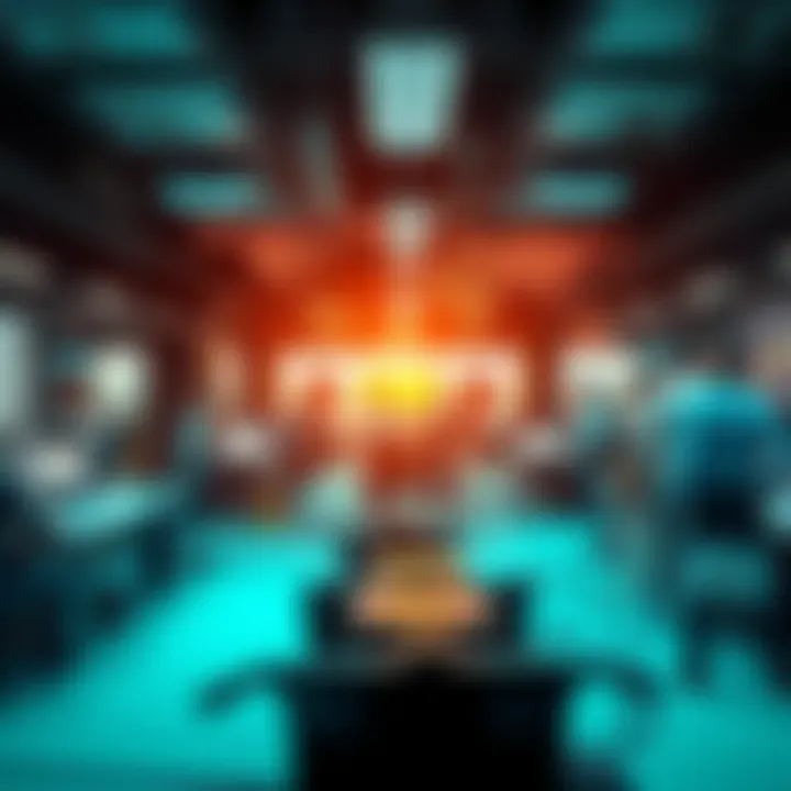 A busy office environment with people working and discussing strategies, representing the return to business activities.