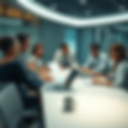 A diverse group of business professionals discussing strategy around a conference table with charts and laptops