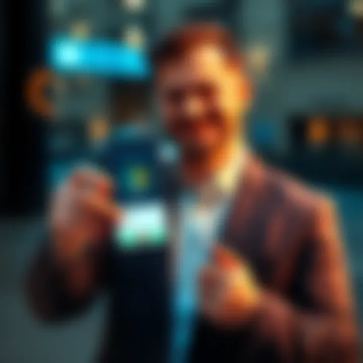 Businessman accepting cryptocurrency payment A businessman is smiling while holding a smartphone displaying a cryptocurrency payment app, symbolizing the integration of crypto in business transactions.