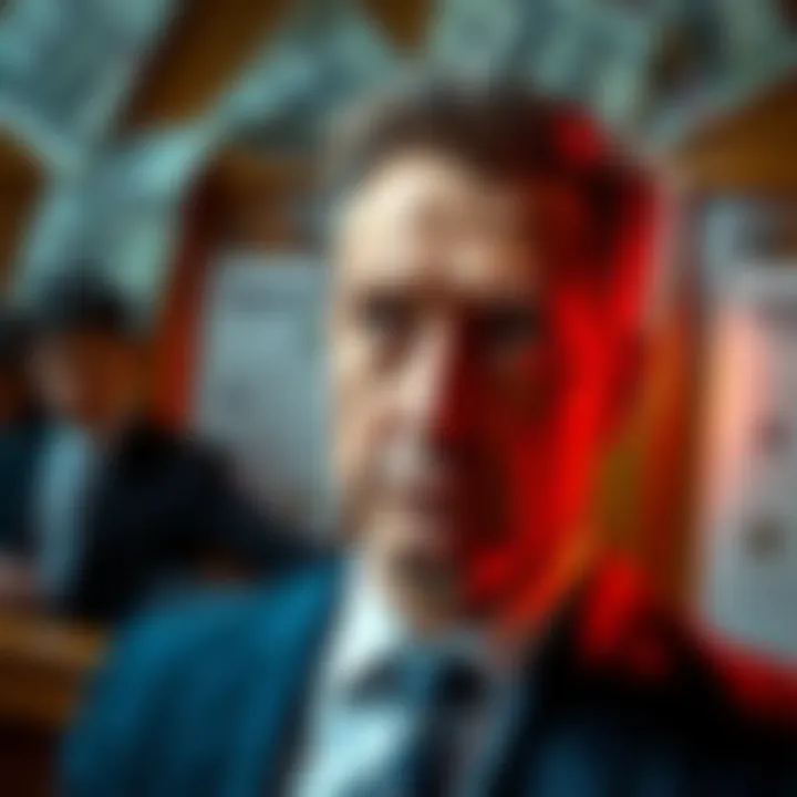 A businessman looking distressed as he hears the verdict of guilty in court, with a backdrop of legal documents and money symbols representing fraud.