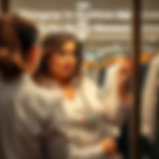 A woman with a larger bust trying on a button-up shirt in a clothing store mirror, looking for a good fit.