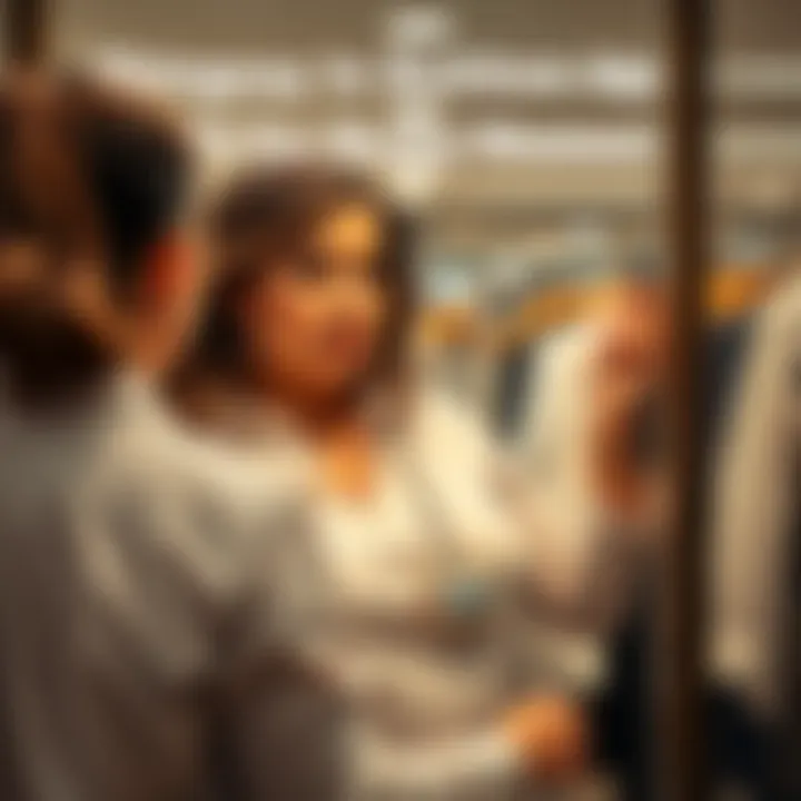 Busty Woman in Button-Up Shirt A woman with a larger bust trying on a button-up shirt in a clothing store mirror, looking for a good fit.