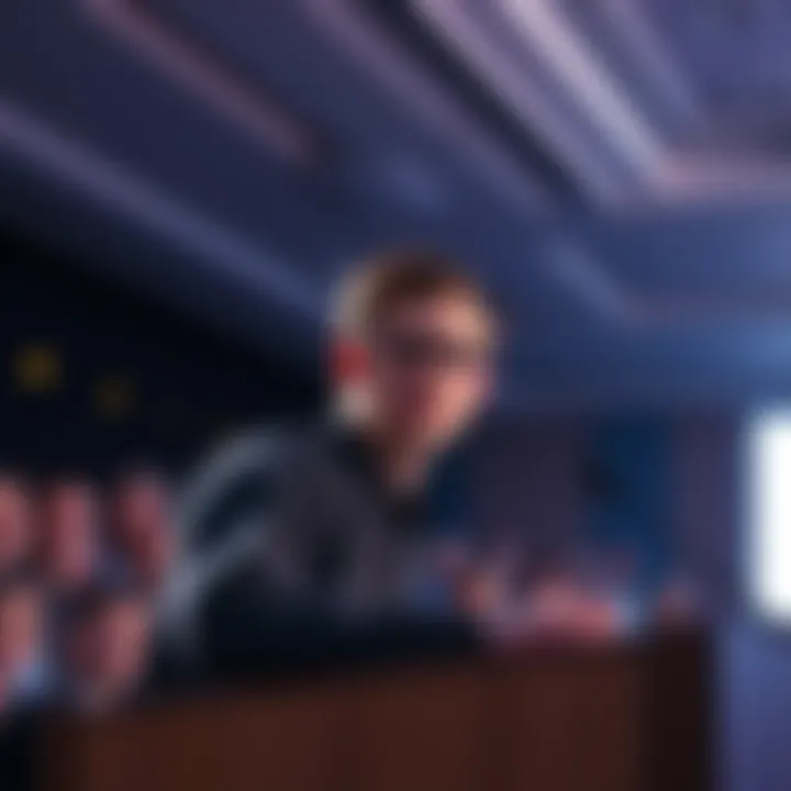 Vitalik Buterin speaking at a podium about Ethereum's complexity and sustainability issues, with an attentive audience in the background.