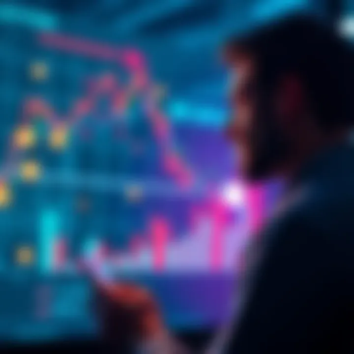 Buttcoin Investment Choices A person looking at a digital chart with cryptocurrency icons, reflecting on investment decisions in a modern setting.