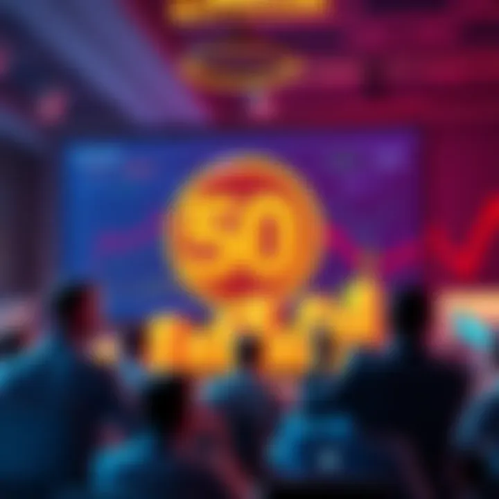 Buttcoin Prediction A visual representation of Buttcoin with a bold 50 million value projection chart, surrounded by excited investors discussing market trends.