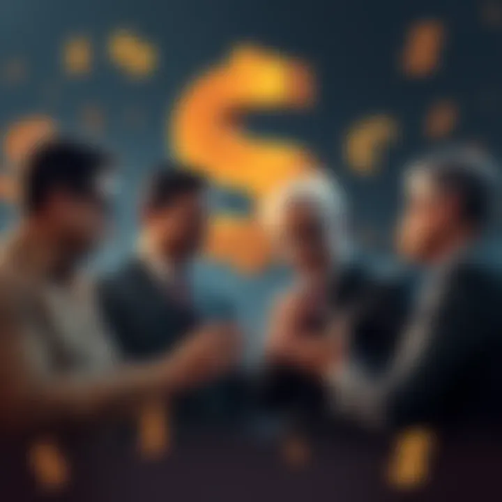 Group of people discussing financial strategies, with currency symbols in the background, showcasing a shift in attitudes towards war and global currency acceptance.