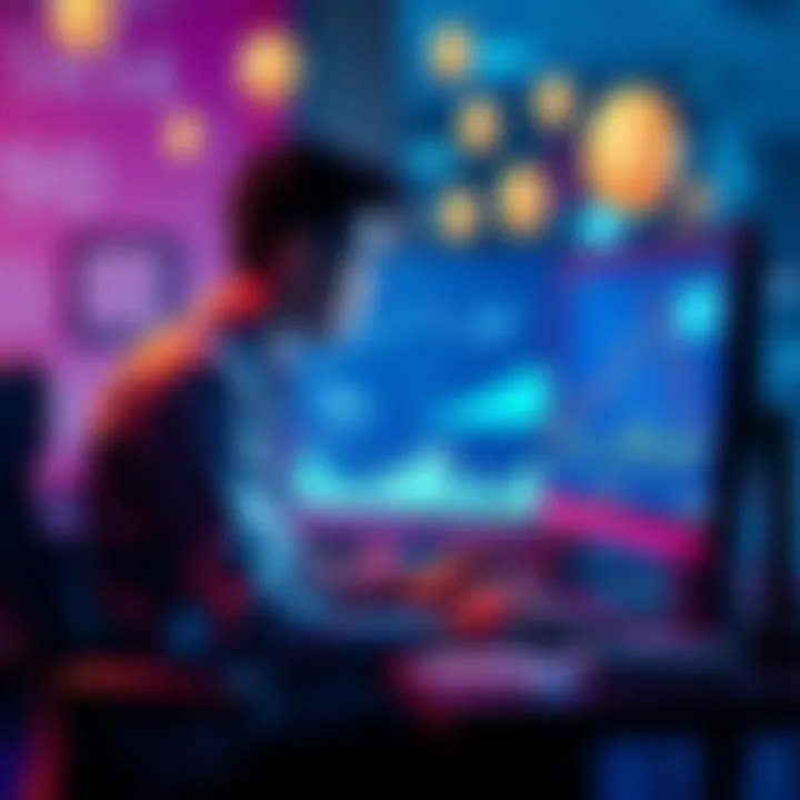 A person sitting at a computer, looking at charts and graphs related to cryptocurrency, with digital coin symbols floating around.