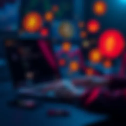 A person using a laptop to purchase cryptocurrency online without ID verification, surrounded by crypto icons like ETH and Monero.