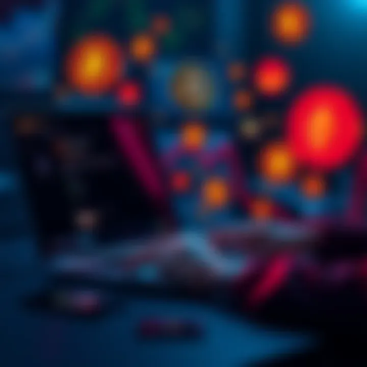 A person using a laptop to purchase cryptocurrency online without ID verification, surrounded by crypto icons like ETH and Monero.