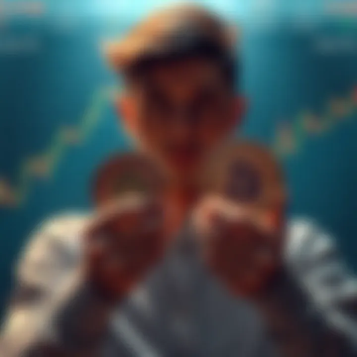 Buying cryptocurrency for staking A person holding cryptocurrency tokens, pondering over investing in $ATOM and $OSMO for staking, with charts showing potential returns in the background.