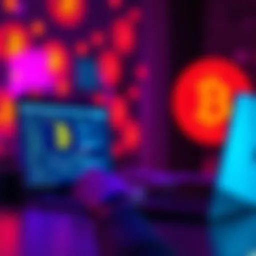A person using a laptop to buy Bitcoin without revealing their identity, with Bitcoin symbols in the background.