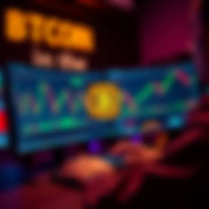 Buying Bitcoin in the EU A person buying Bitcoin online using a computer, with charts and graphs on the screen showing market trends and Dollar-Cost Averaging strategy.