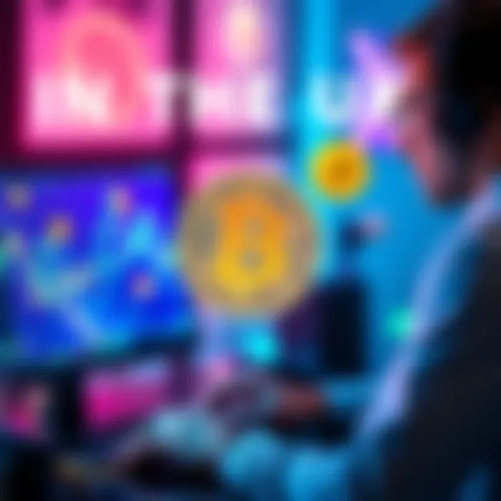 A person buying Bitcoin online with a computer and cryptocurrency symbols.