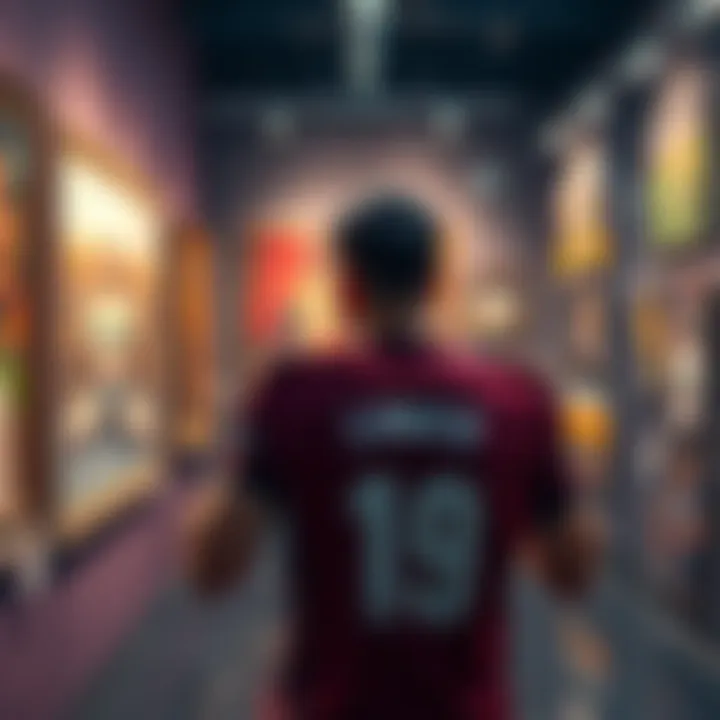 A person examining gallery artwork while holding a football jersey, representing the buying process of art and athletes.
