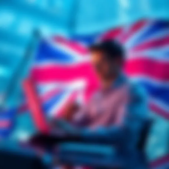 Buying IOTA in the UK A person shopping online for IOTA cryptocurrency on a laptop, with a UK flag in the background