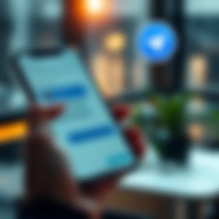 A person holding a smartphone with a messaging app open, discussing verified Stake.US accounts. A chat bubble pops up with a Telegram logo in the corner.