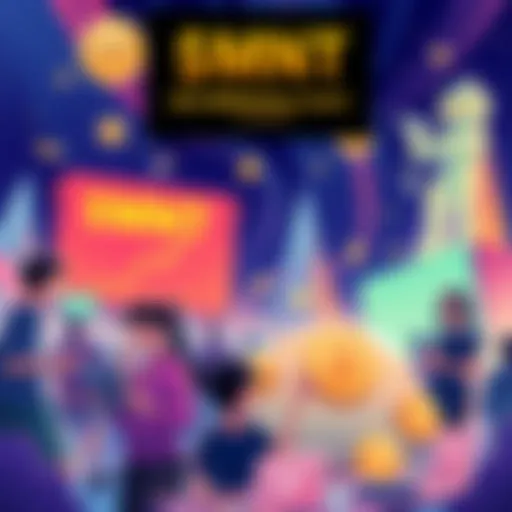 Illustration of people participating in the $MNT Recurring Buy Event on Bybit, highlighting a prize pool and tasks to complete