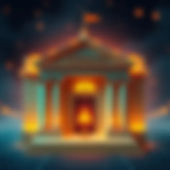 A graphic showing a bank building with a warning symbol, representing compliance issues in cryptocurrency banking