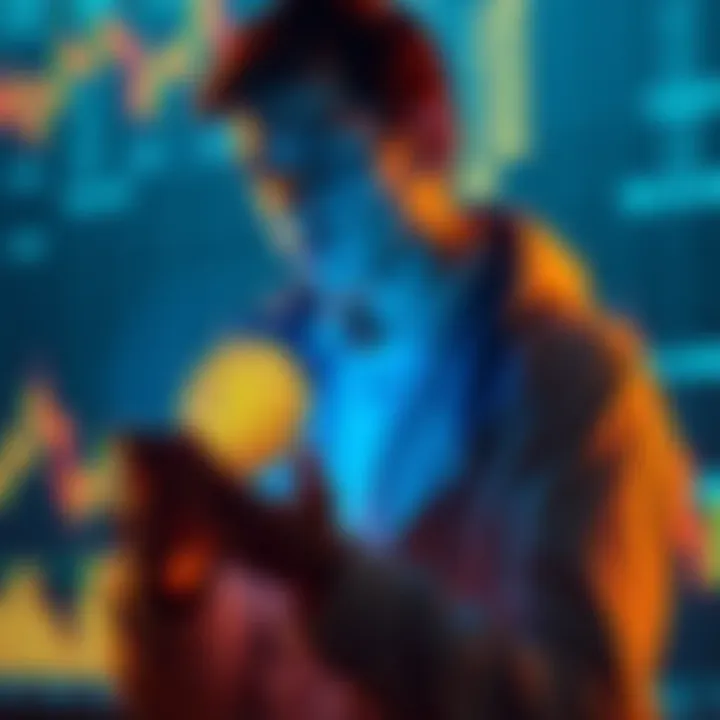 Individual calmly holding a Bitcoin symbol while looking at stock market graphs