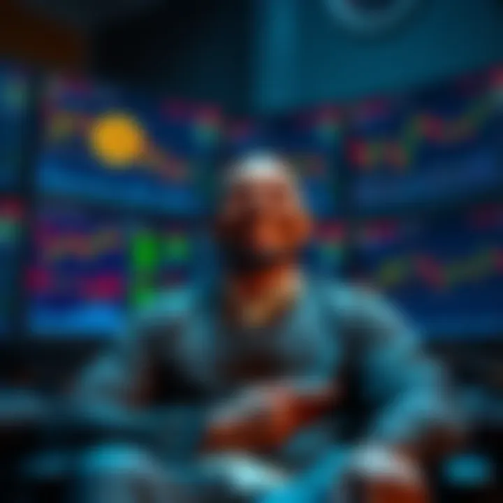 A relaxed investor sitting in front of multiple screens displaying Bitcoin market charts, showcasing calmness amid market changes.