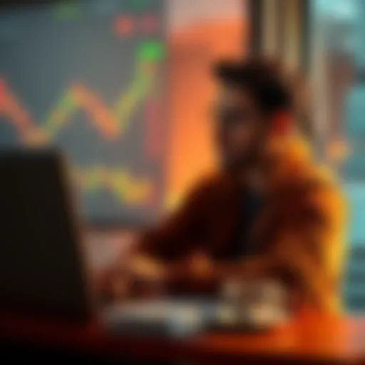A relaxed person with a laptop, analyzing Bitcoin data during a market dip, showing confidence with a cup of coffee nearby.