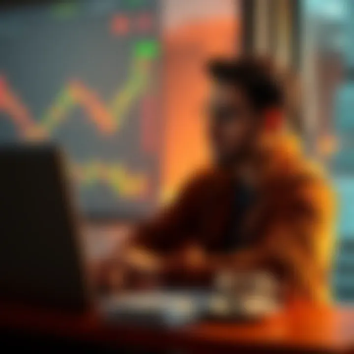 A relaxed person with a laptop, analyzing Bitcoin data during a market dip, showing confidence with a cup of coffee nearby.