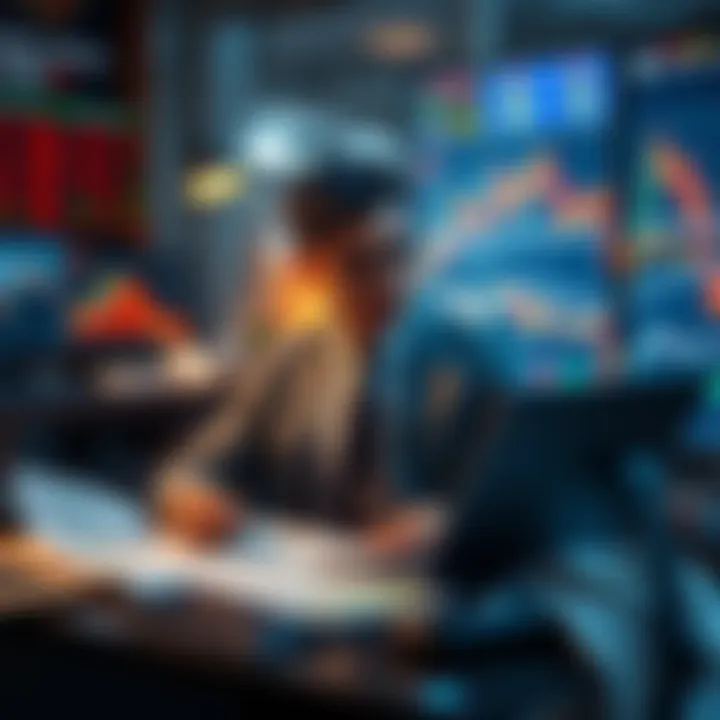 A calm investor reviewing market graphs while sitting at a desk with financial reports.