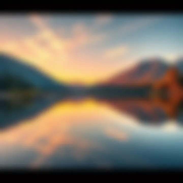 A peaceful lake surrounded by trees and mountains, with a soft sunrise casting warm colors over the water.