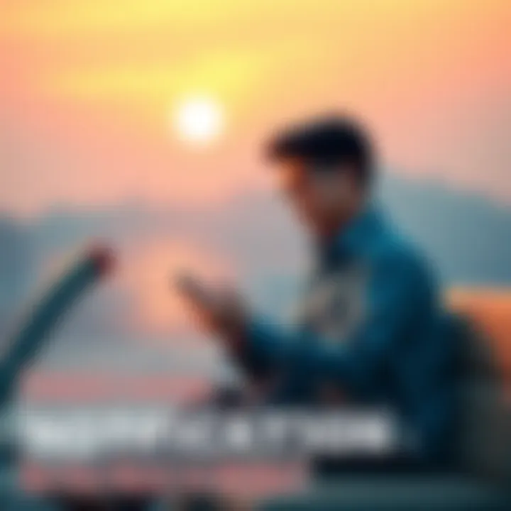 Calm Person Checking Notifications A person sitting peacefully, looking at their phone with notifications, contemplating calmly. The background is serene, suggesting a stress-free environment.