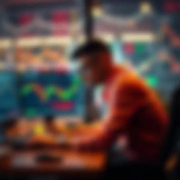 Calm trader analyzing charts A focused trader sitting at a desk, studying cryptocurrency charts on a computer screen with a calm expression, symbolizing patience in trading.