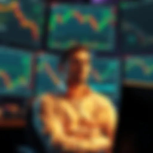 A calm trader sitting in front of multiple screens displaying cryptocurrency charts, showing a bearish trend. The trader looks focused and relaxed, symbolizing the importance of remaining calm during ...