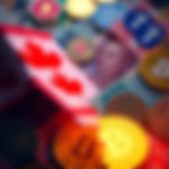 Canadian currency and cryptocurrency symbols A combination of Canadian dollar bills and popular cryptocurrency logos, representing the divide in Canadian attitudes toward crypto.