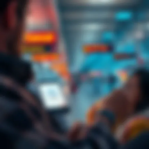 A person using a smartphone to access a banking app, looking thoughtful about cancelling their subscription while being in an airport setting, symbolizing a move abroad.