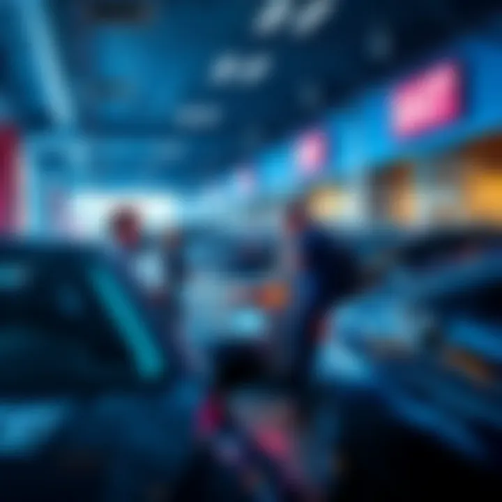 A busy car dealership showing potential buyers discussing pricing issues with a dealer
