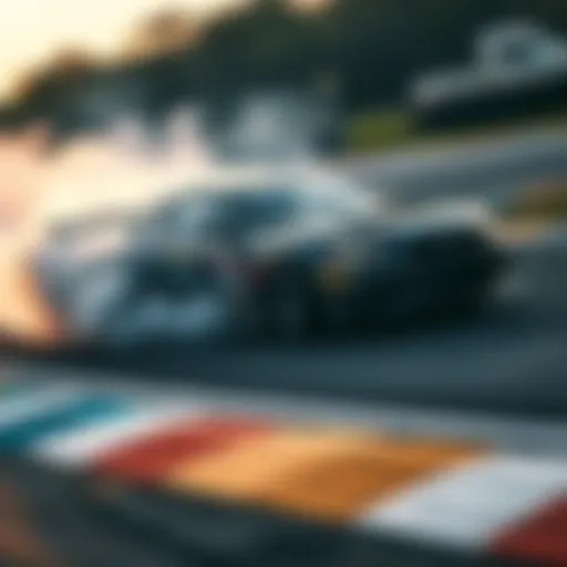 A car skillfully drifting around a corner on a racetrack, with smoke rising from the tires