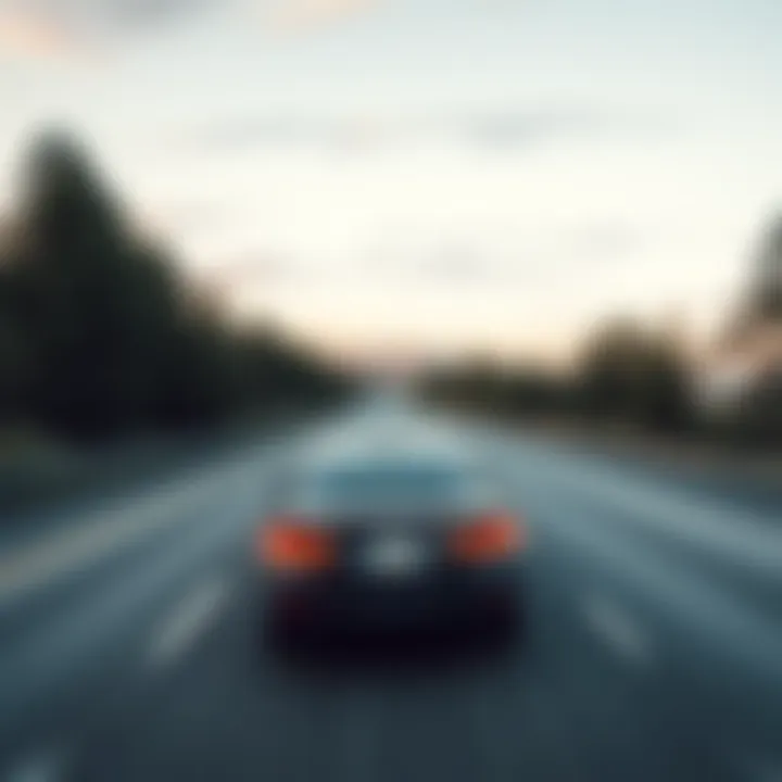 A car driving on a highway with trees lining the sides, heading toward San Francisco.